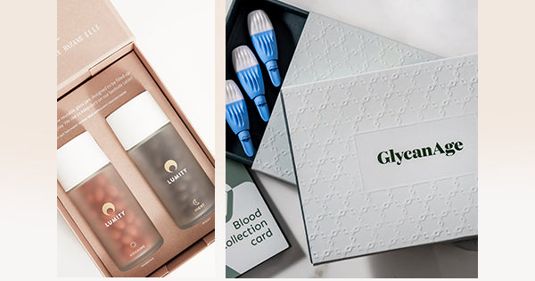 Top-down angled Lumity frosted, white-capped bottles in a beige box and GlycanAge kit with blood card & 4 blue-white lancets