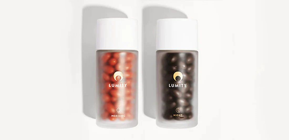 Lumity female supplements in frosted glass bottles