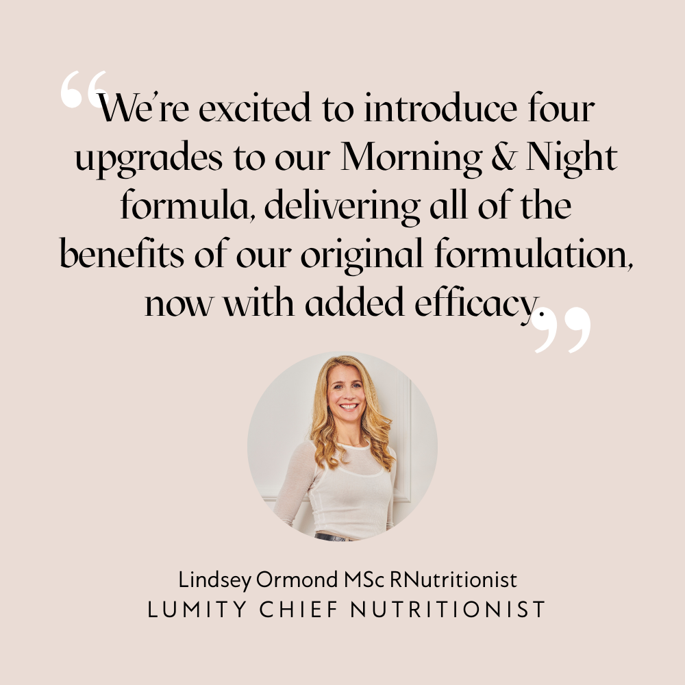 Quote from Lumity Chief Nutritionist Lindsey Ormond about upgrades to Morning & Night Female Supplement formula with added efficacy.
