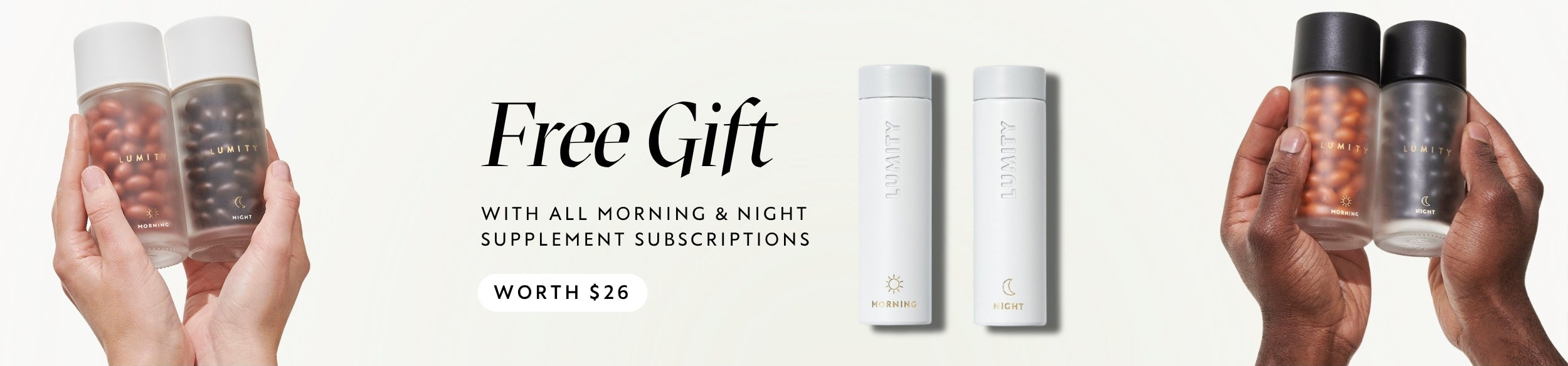 Advertisement for free gift with supplement subscriptions, showing hands holding supplement containers.