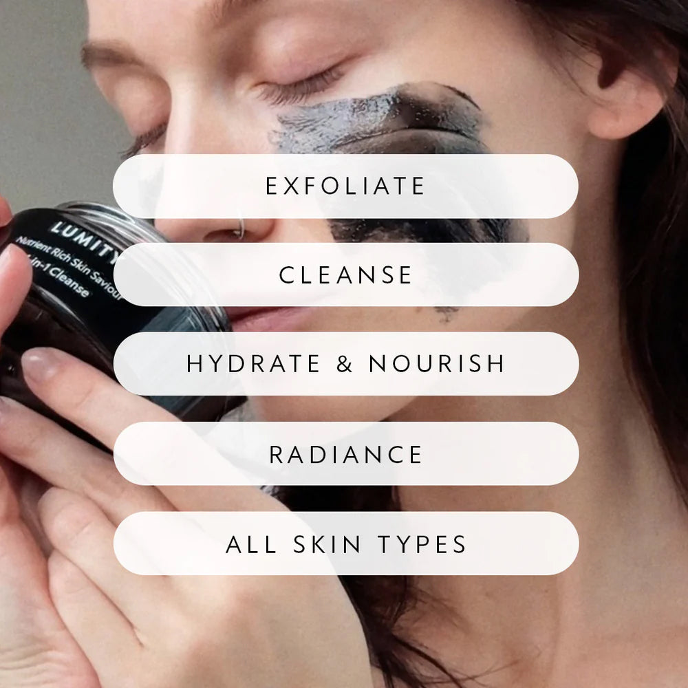 Black skincare container labeled nutrient rich skin saviour 4-in-1 cleanse on freckled skin background