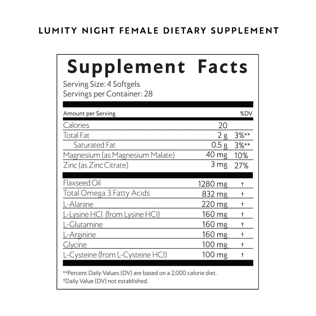 Nutritional facts panel detailing ingredients like flaxseed oil, omega 3, magnesium, zinc, and amino acids for female supplement refill.