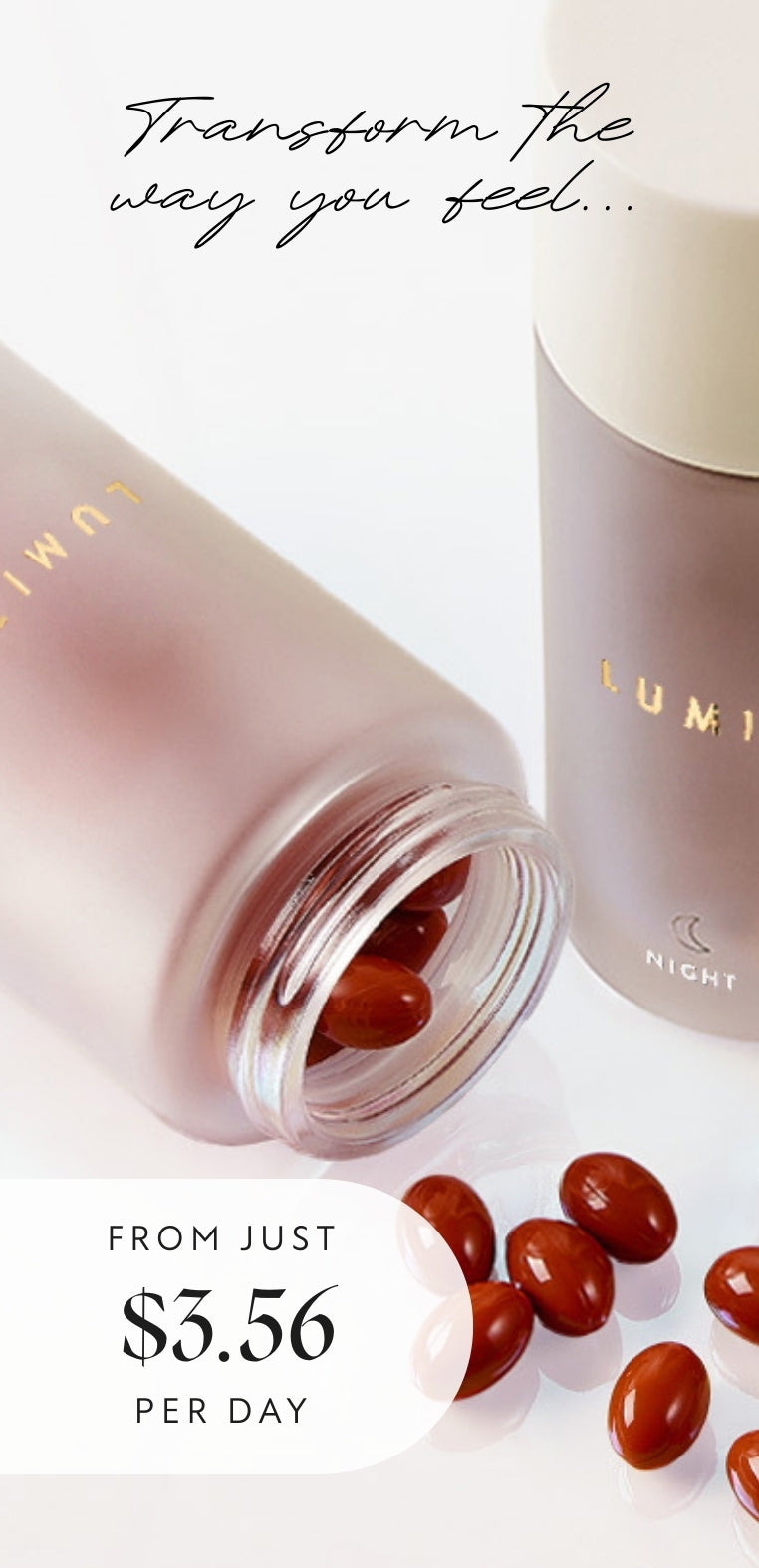 Supplement bottles on a white background, featuring $3.56 price per day sticker