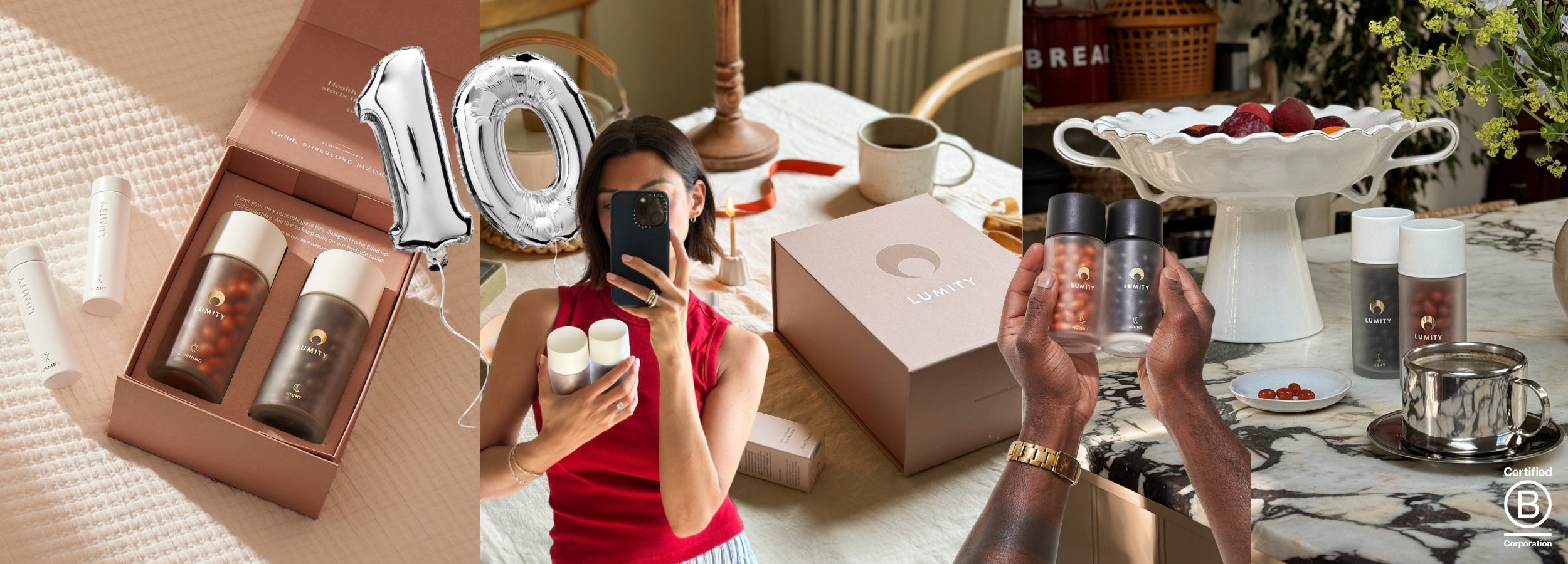 Collage of a woman taking a selfie with a Lumity Morning & Night, various a table setting with Lumity products and '10' silver balloon