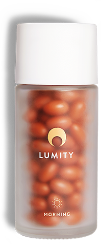 Lumity female morning supplements in frosted glass bottles