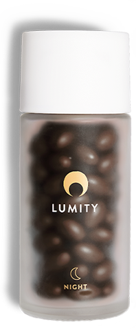Lumity female night supplements in frosted glass bottles 
