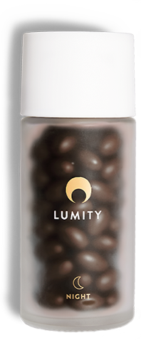 Lumity female night supplements in frosted glass bottles
