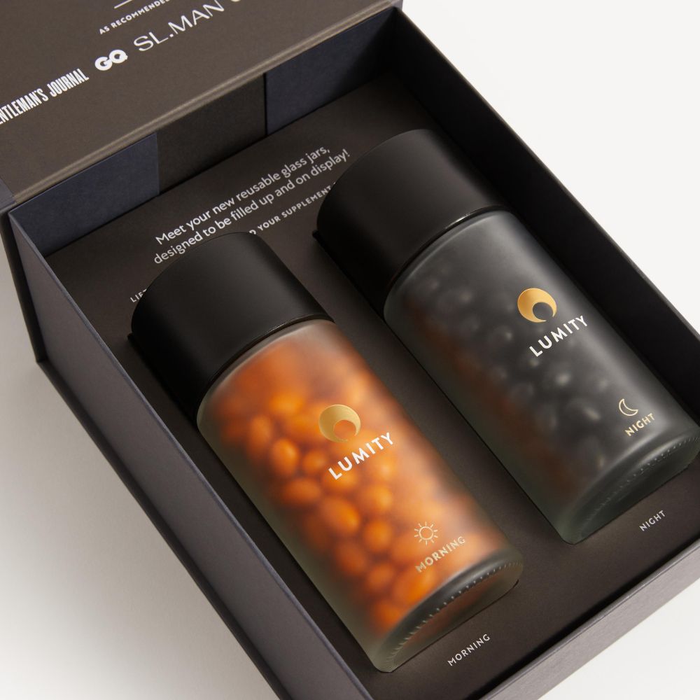 Morning and Night Lumity supplement set in elegant black containers for daily wellbeing and vitality support