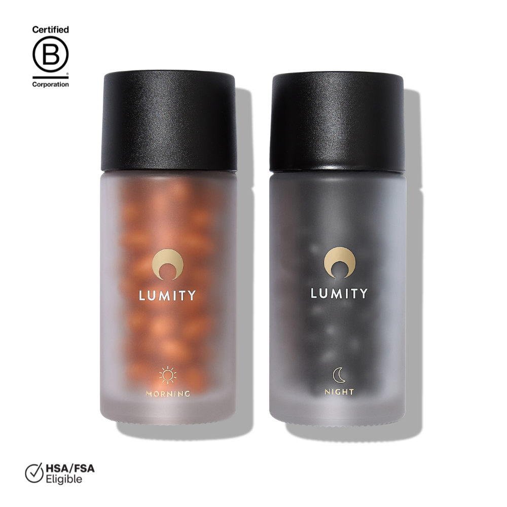 Lumity Morning & Night supplement bottles side by side.