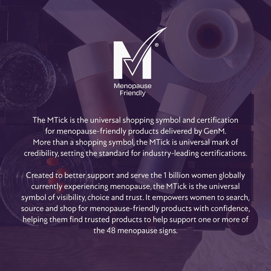 Bird's-eye view of white 'Menopause Friendly' MTick logo and text over skincare bottles and orange capsules, purple overlay