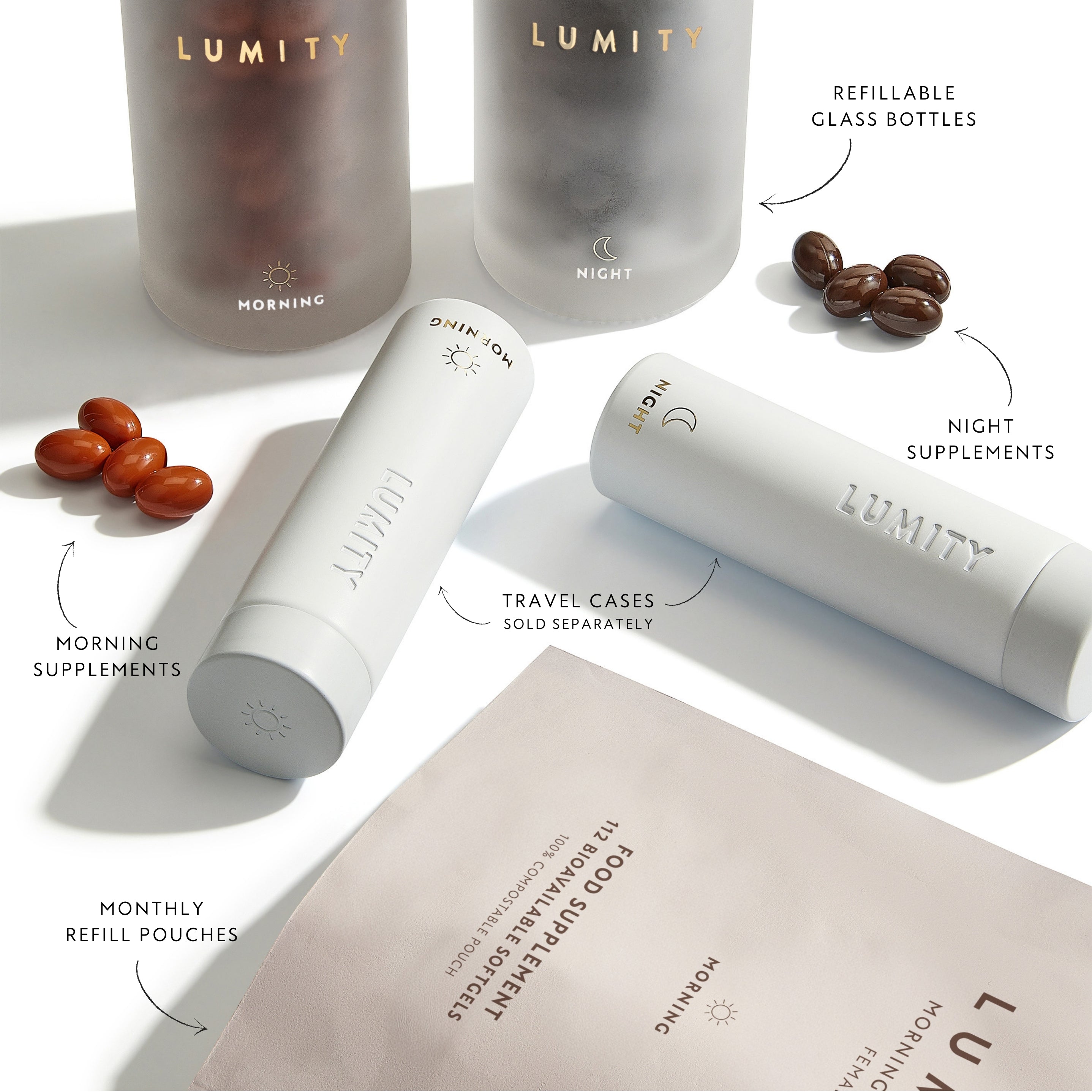 Morning and night supplements in refillable glass bottles with travel cases and monthly refill pouches for daily wellness routine