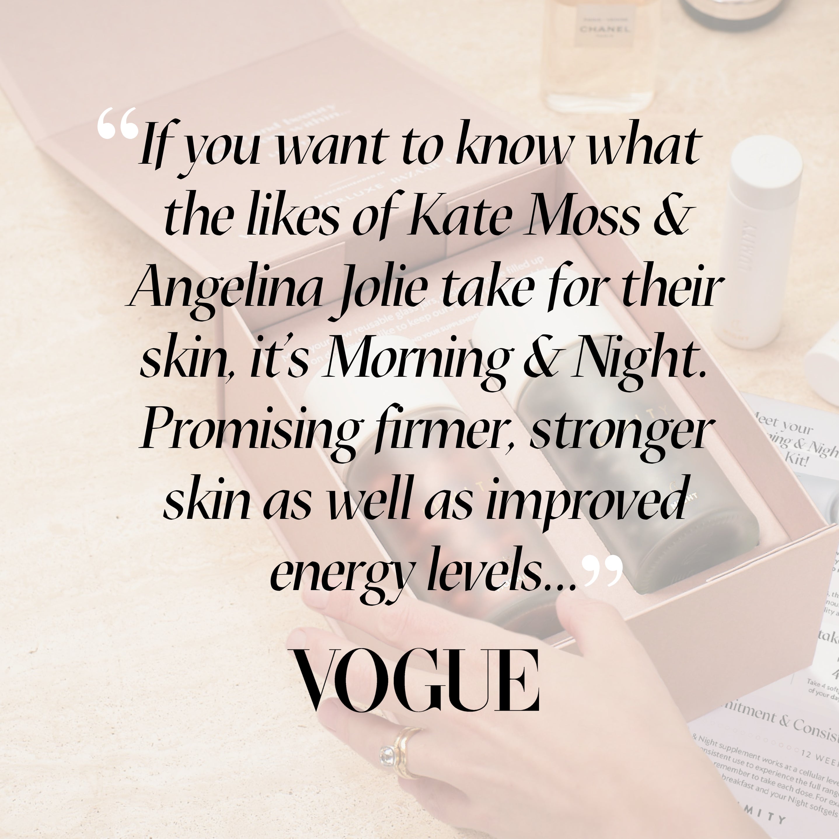 Quote from Vogue highlighting Morning & Night's promise of firmer skin and improved energy levels for women.