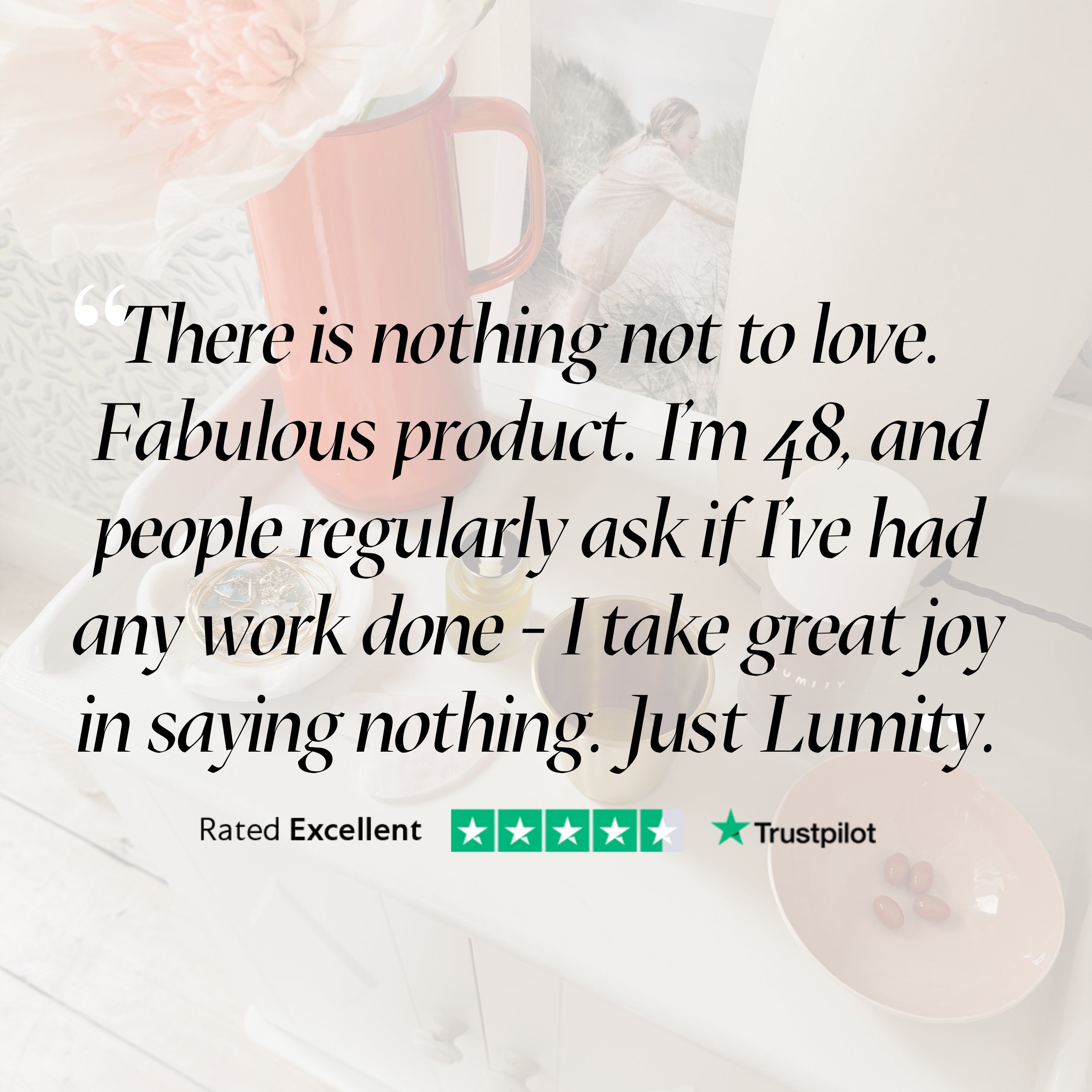 Positive customer review praising a premium morning and night women's supplement for noticeable anti-ageing benefits
