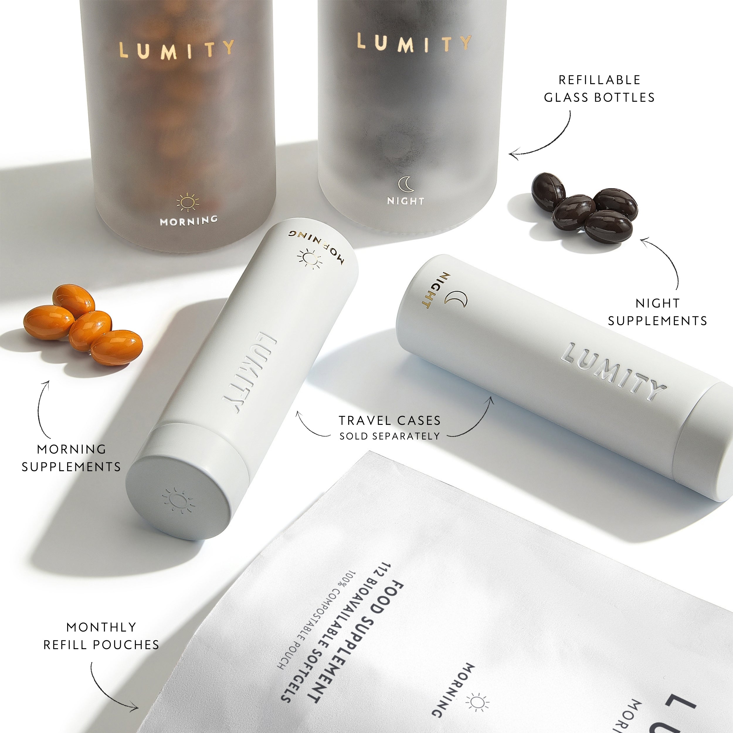 Morning and night male supplements with refillable glass bottles, travel cases, and monthly refill pouches for daily wellness.