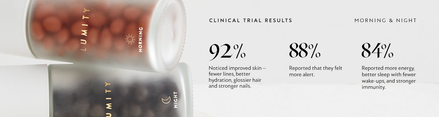 Lumity Morning & Night bottles and clinical trial results displayed