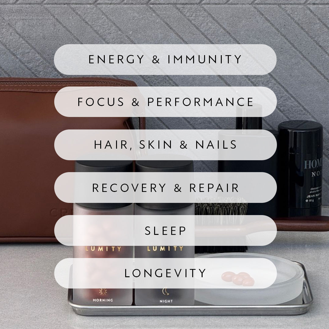 Benefits of morning and night male supplement including energy, focus, hair health, recovery, sleep, and longevity support