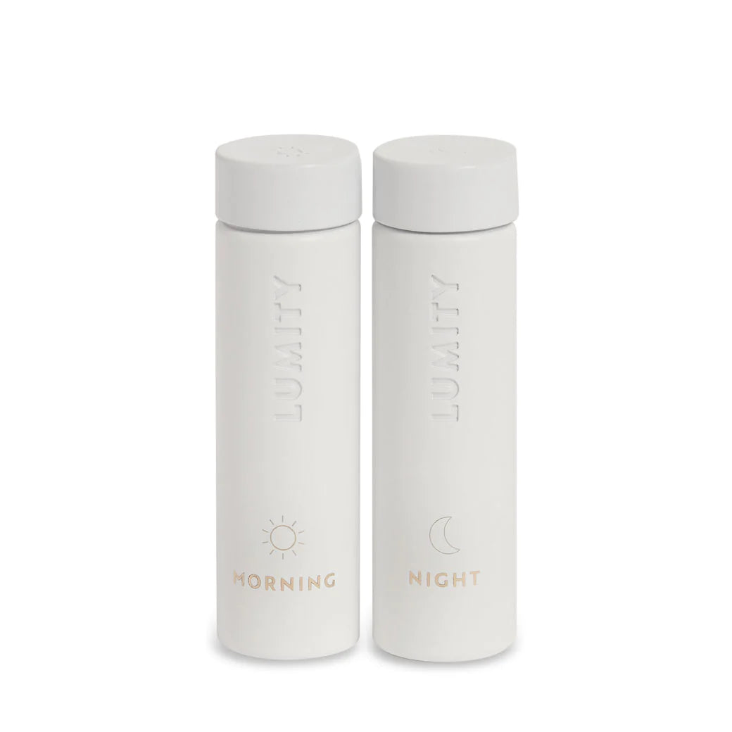 White Lumity supplement travel cases - One for morning and one for night