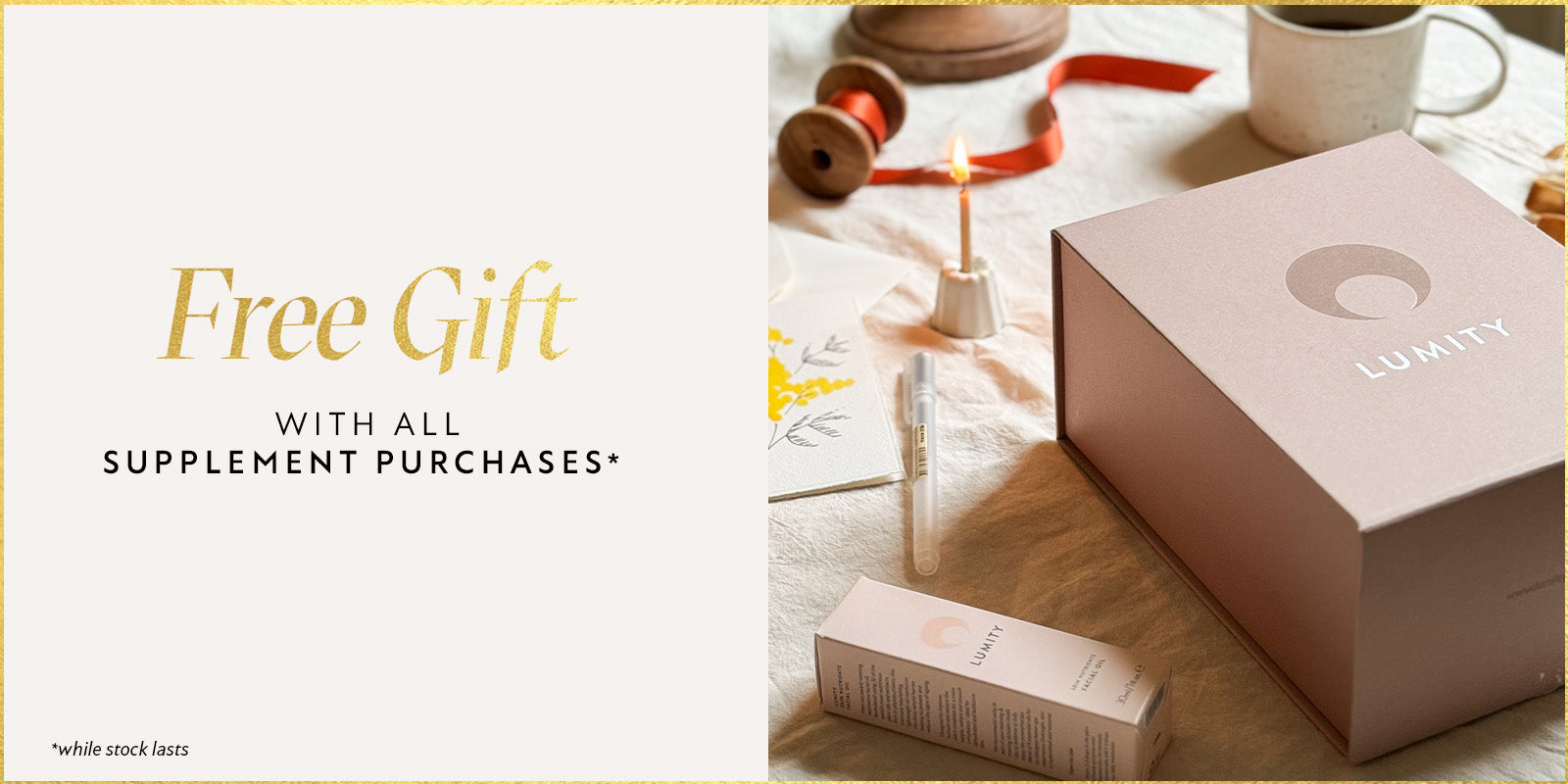 Luminity supplement packaging with a free gift offer on a white background