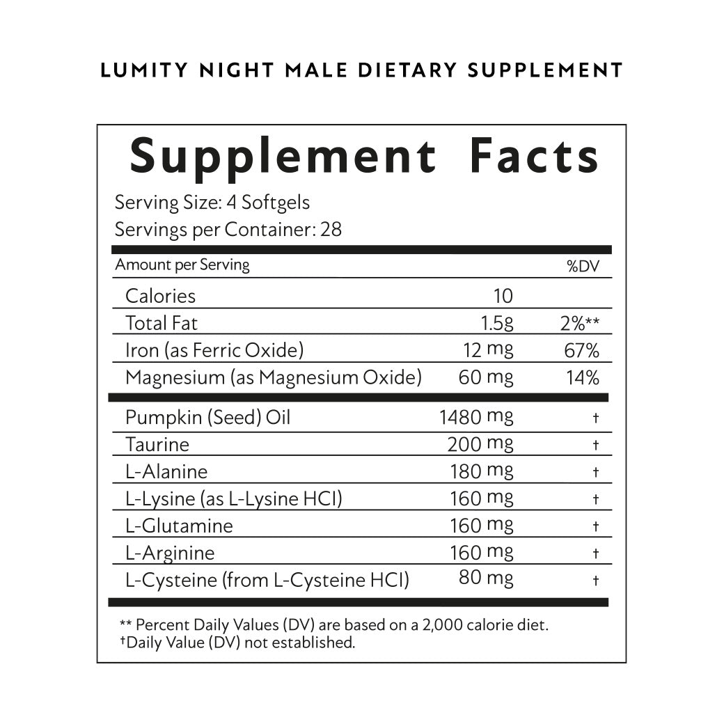 Nutritional facts panel showing ingredients and daily values for a male night supplement supporting wellness and vitality.