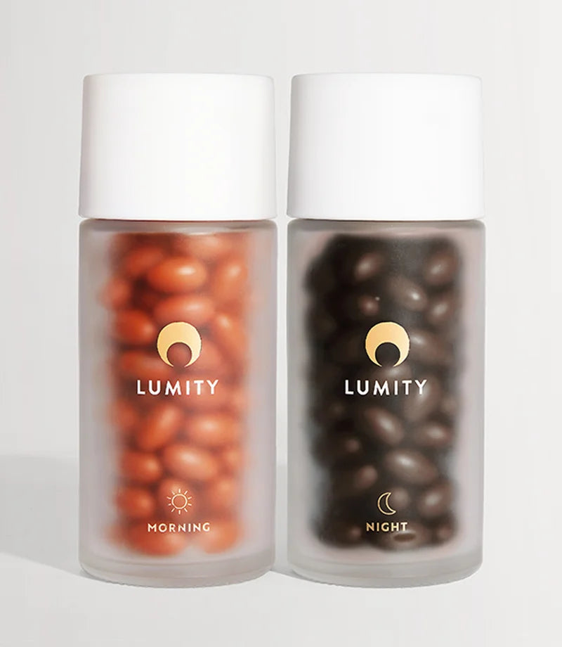Lumity female supplements in frosted glass bottles 