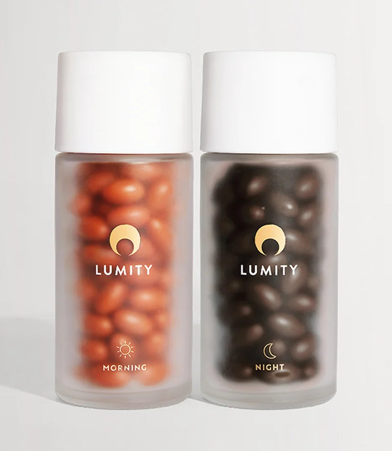 Lumity female supplements in frosted glass bottles