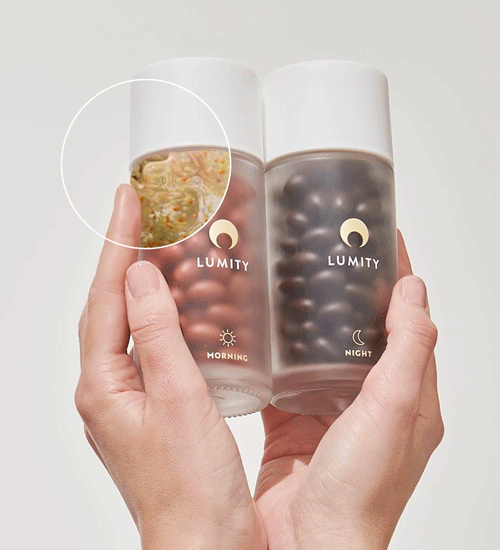 Hands hold two transparent LUMITY bottles: Morning with reddish-brown capsules, Night with dark capsules; inset close-up.