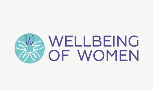 Wellbeing of Women logo with teal circle of five radial white hands, dark purple 'W', and purple uppercase text on light gray