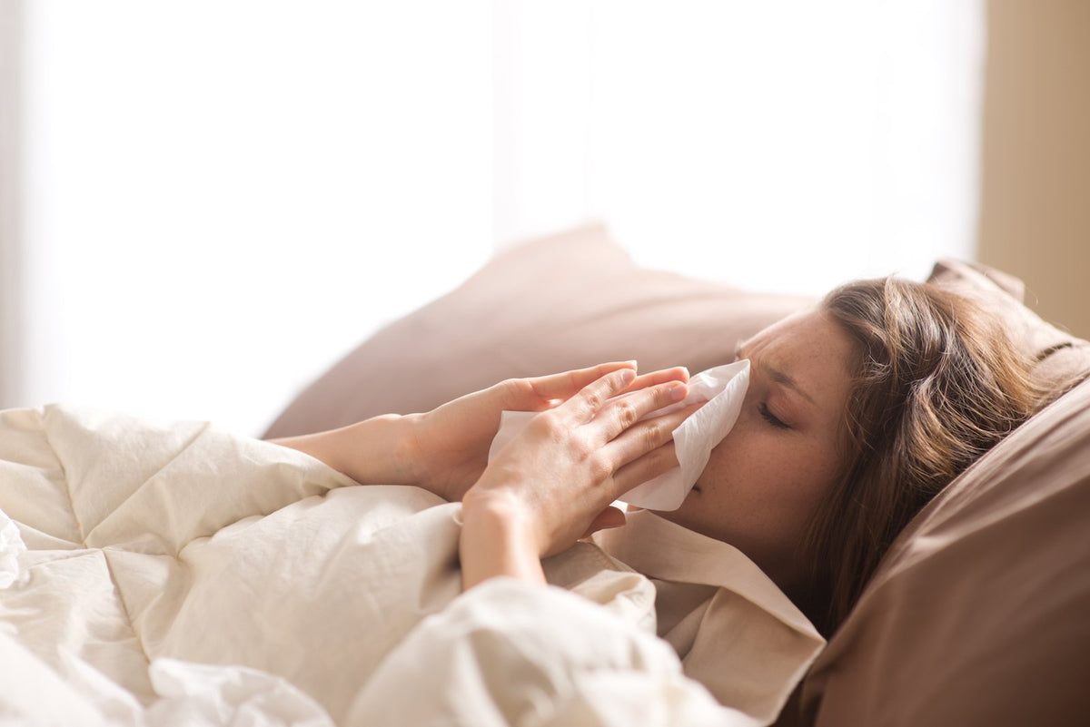 Woman lying in bed under a beige comforter, eyes closed, holding a tissue to her nose in soft window light.