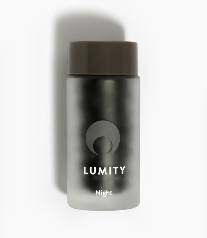 Lumity male night supplements in frosted glass bottles 