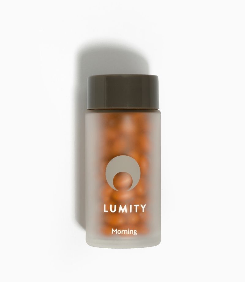 Lumity male morning supplements in frosted glass bottles 