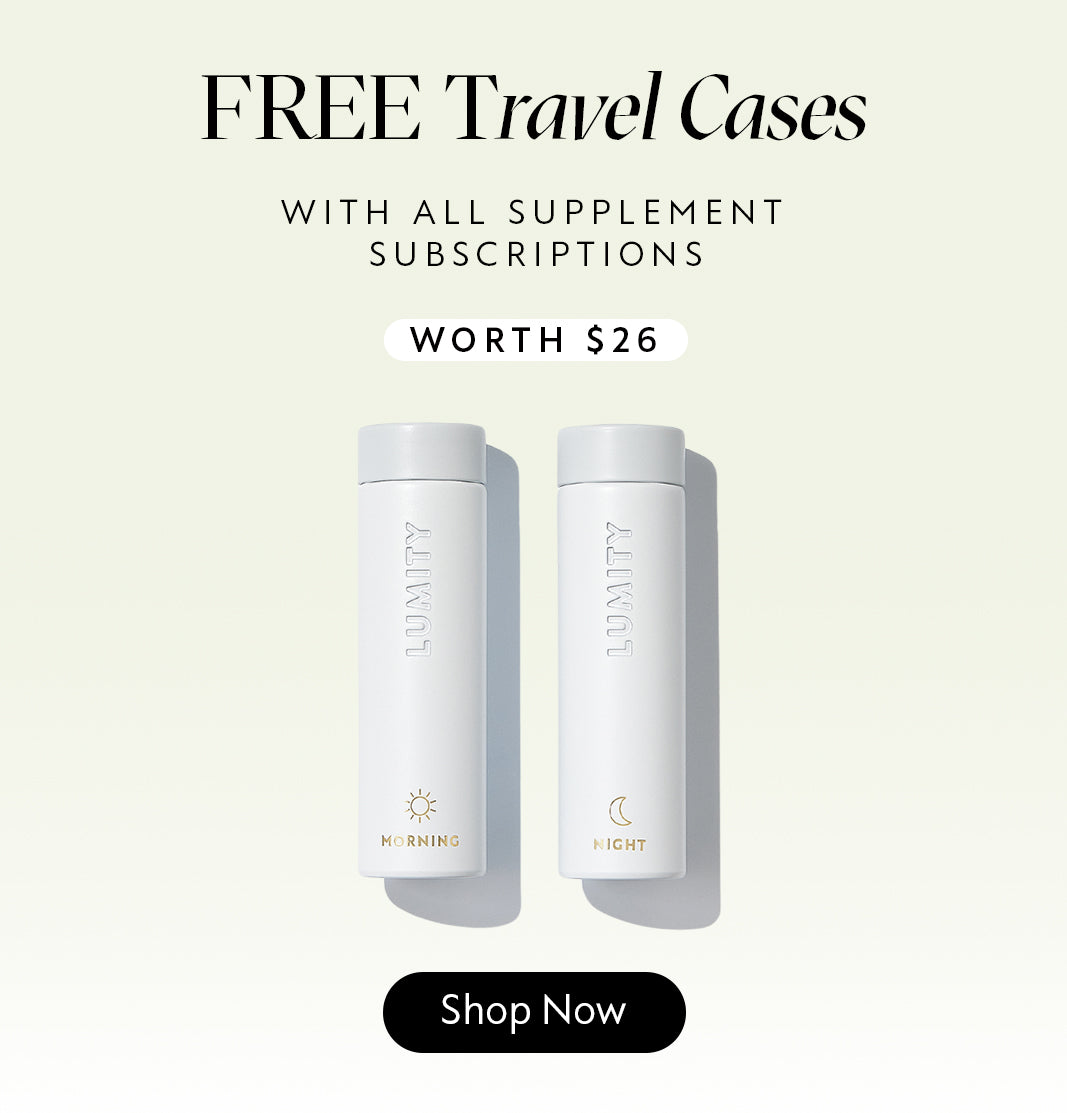 Free Travel Cases with all supplement subscriptions. Image of Travel Cases and button reading Shop Now
