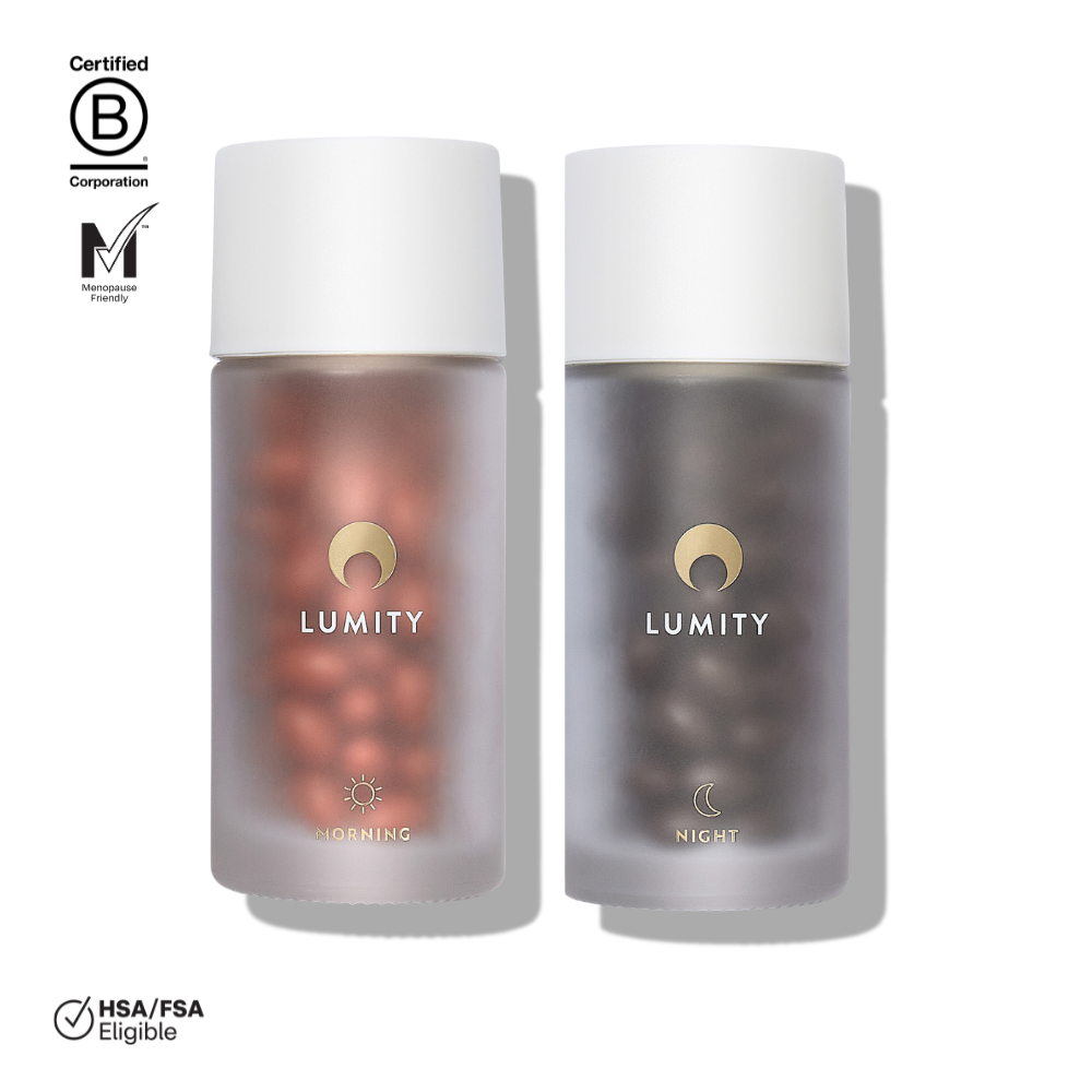 Lumity Morning & Night supplement bottles side by side. 