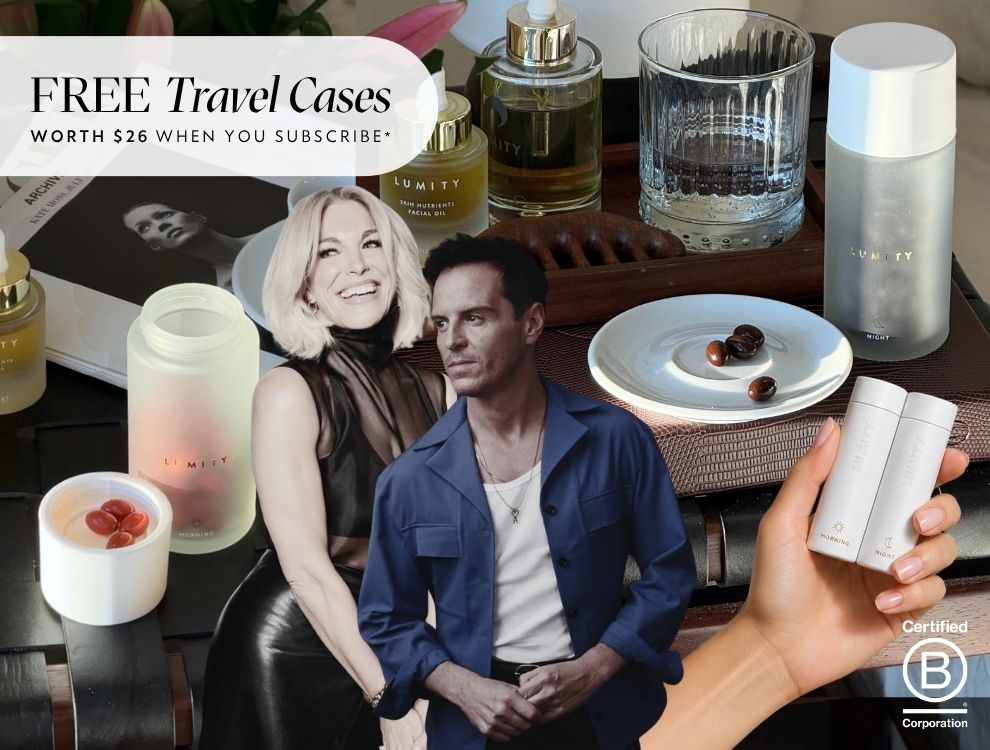 Image collage of Lumity products, Hannah Waddingham and Andrew Scott. Badge reads Free Travel Cases worth $26 when you subscribe.