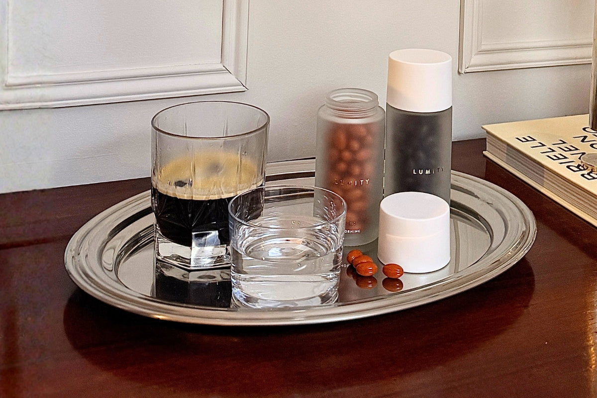 Image showing Morning & Night supplement bottles on tray with coffee