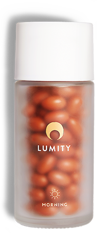 Lumity female morning supplements in frosted glass bottles 