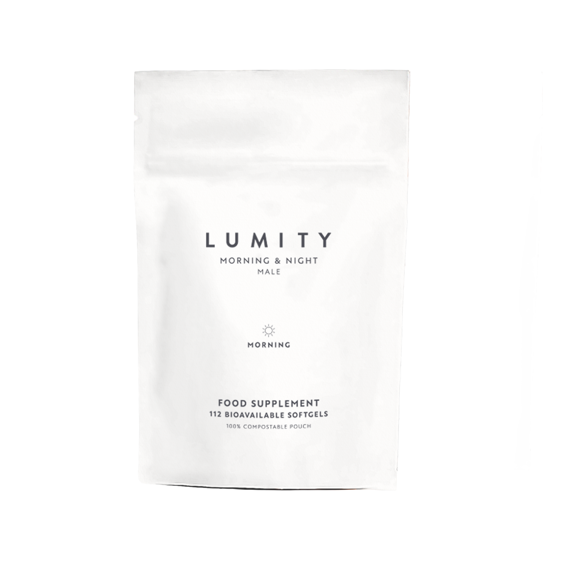 Male Morning supplement pouch with 'Lumity' branding in grey on a white background