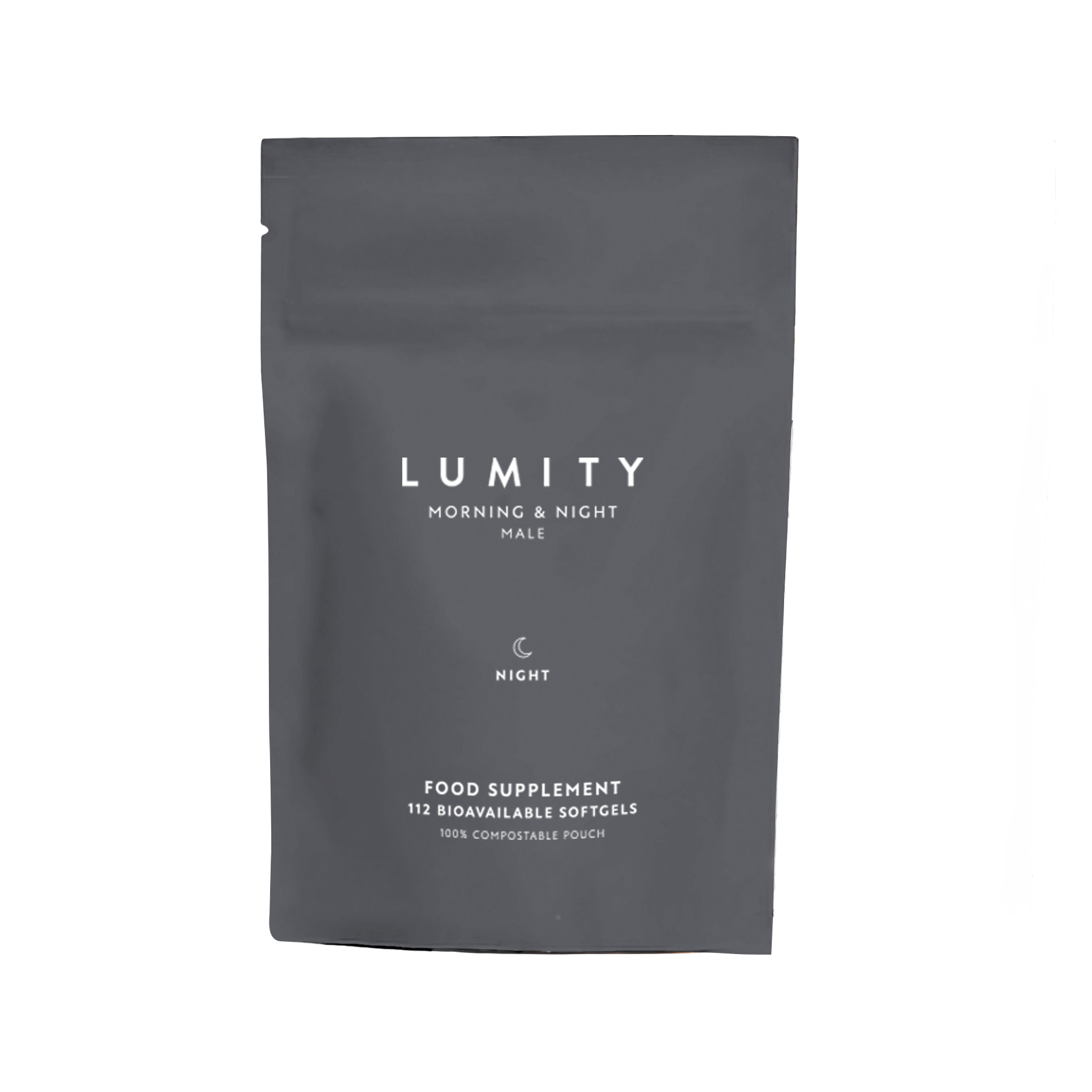 Male Night supplement pouch with 'Lumity' branding on grey background