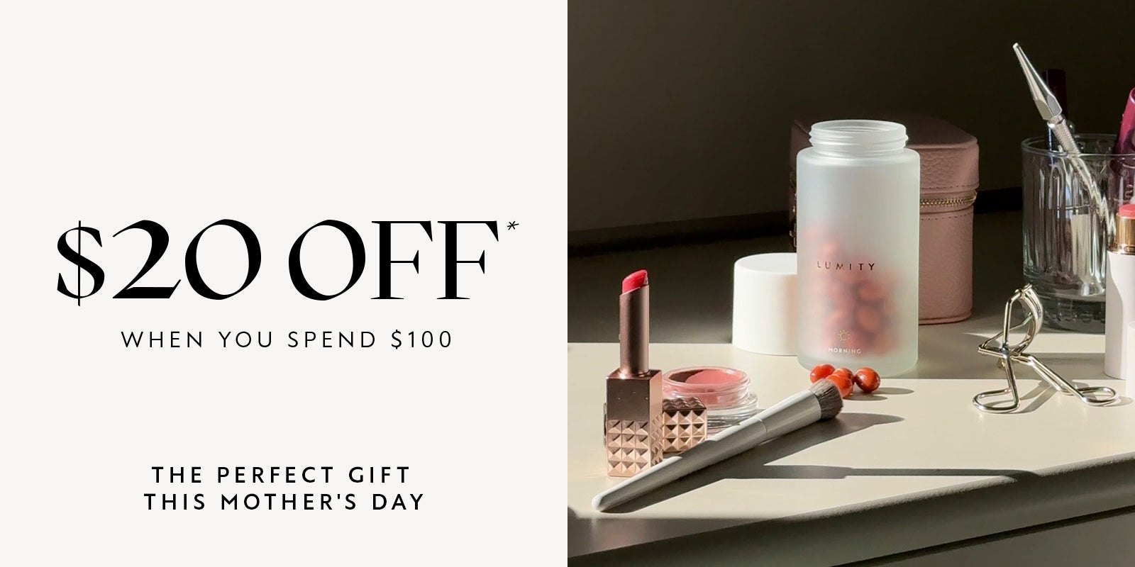 Makeup products on a counter with a promotional text overlay for a Mother's Day offer.