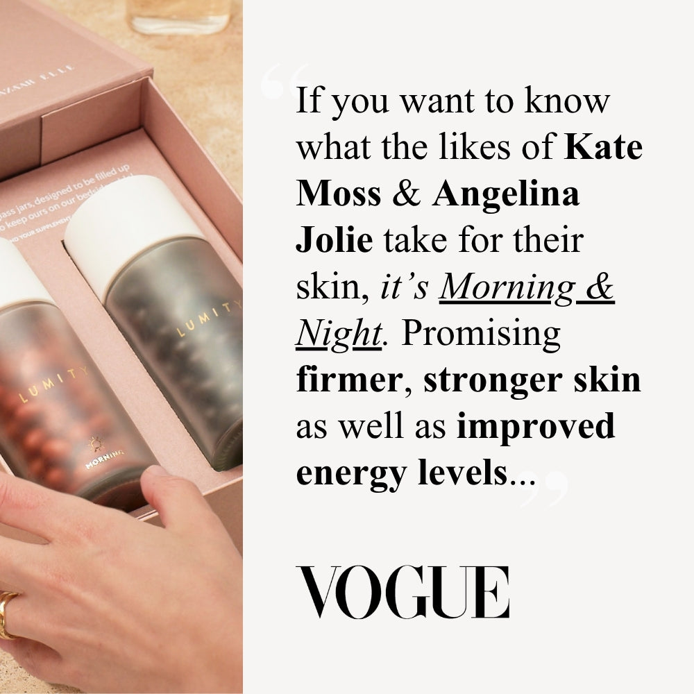 Hand with gold ring holding box of two frosted LUMITY jars — Morning (brown) and Night (dark); Vogue quote at right.