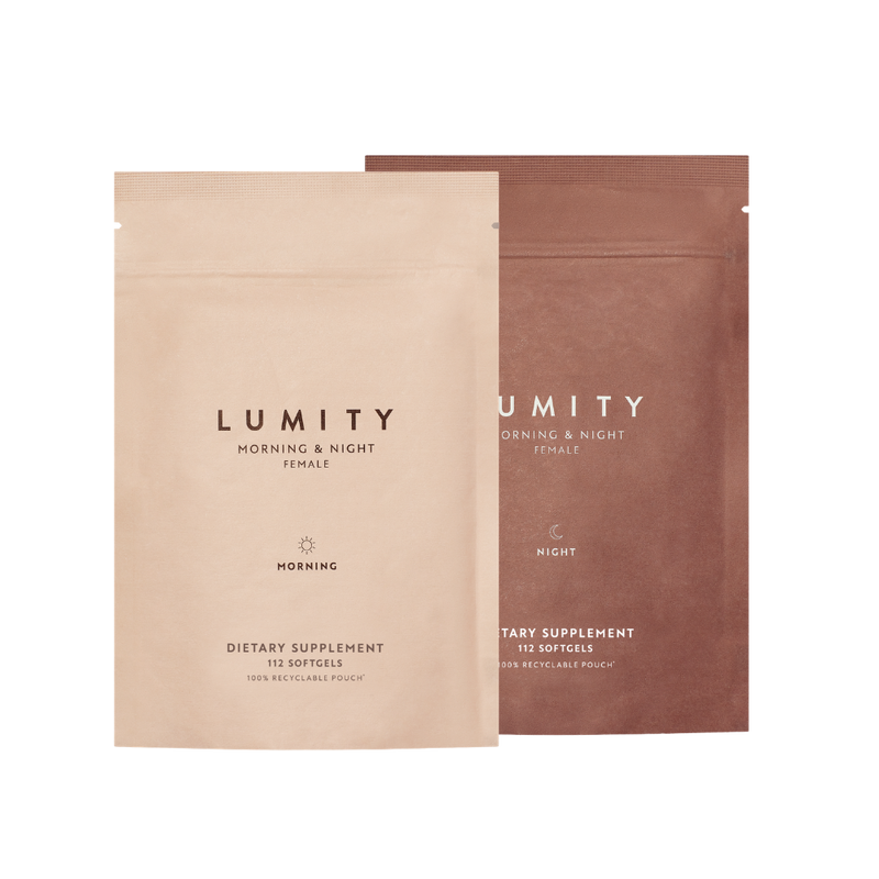 Two refill pouches of Lumity Morning & Night Female Supplement with softgels for daily wellness routine.