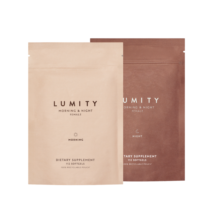Two refill pouches of Lumity Morning & Night Female Supplement with softgels for daily wellness routine.