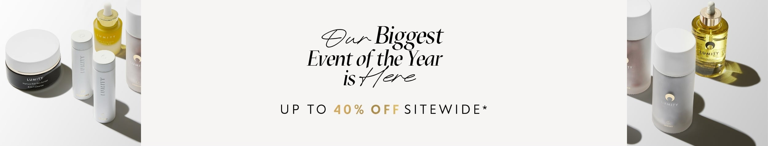 Promotional banner for a cosmetic brand event with skincare products and text overlay.