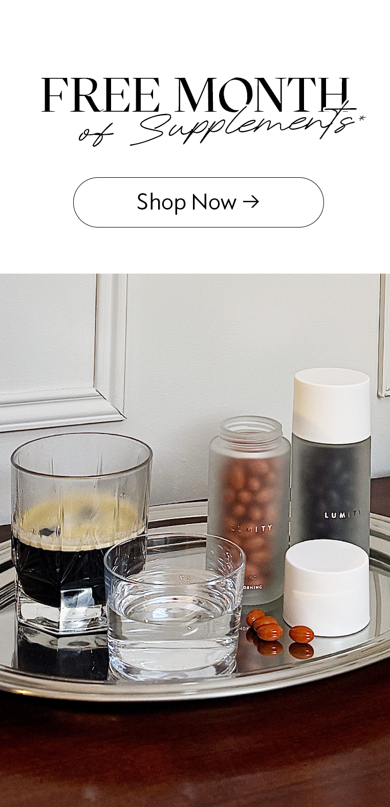 Supplement jars on a tray with a glass of water, free month offer text, and 'Shop All' button.