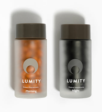 Lumity male morning and night supplements in glass jars