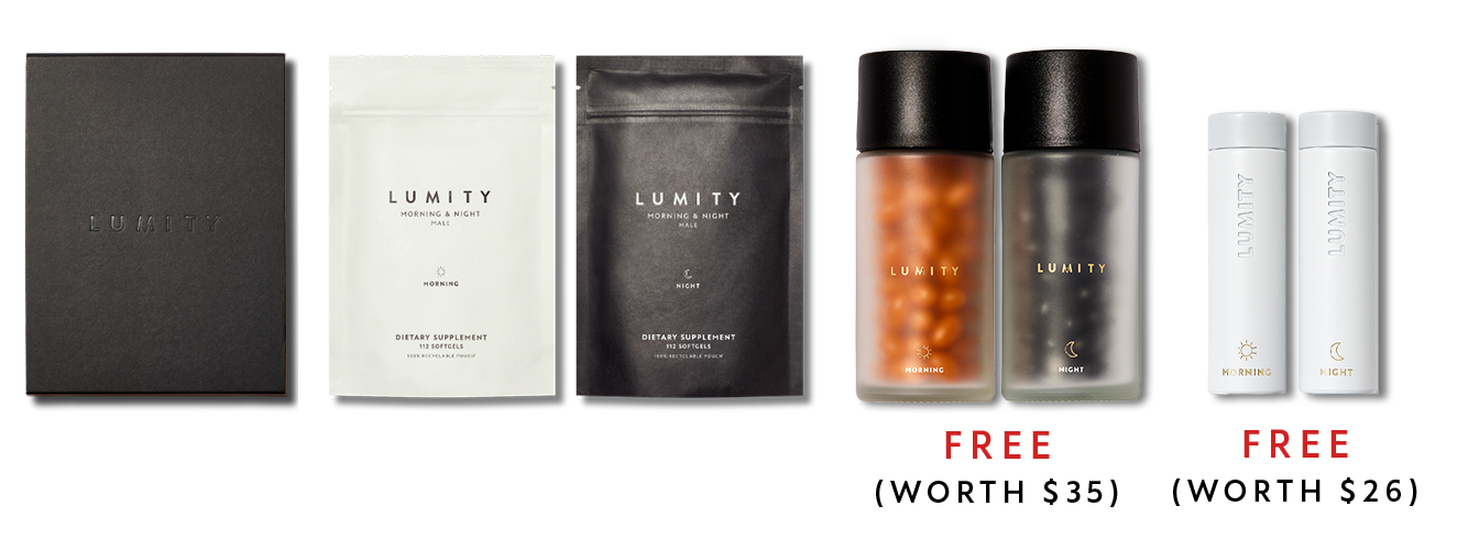 Lumity Morning & Night supplement 4 week starter kit & Free Travel Cases