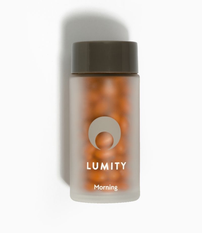 Lumity male morning supplements in frosted glass bottles 